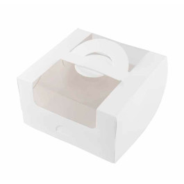 Коробка для бенто-торта с ручкой и окном 14*14*8 см (белая)