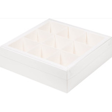 Коробка под ассорти десертов с пластиковой крышкой 24*24*7 см (9 ячеек) (белая)